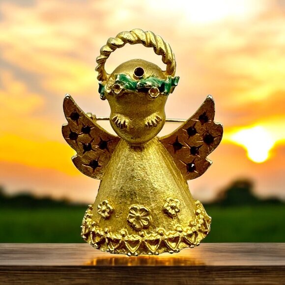 Vintage Gold Tone Angel Brooch With Red Rhinestones Accents Floral Details - Picture 1 of 9